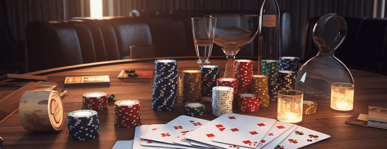 ett casinobord med drycker och kort